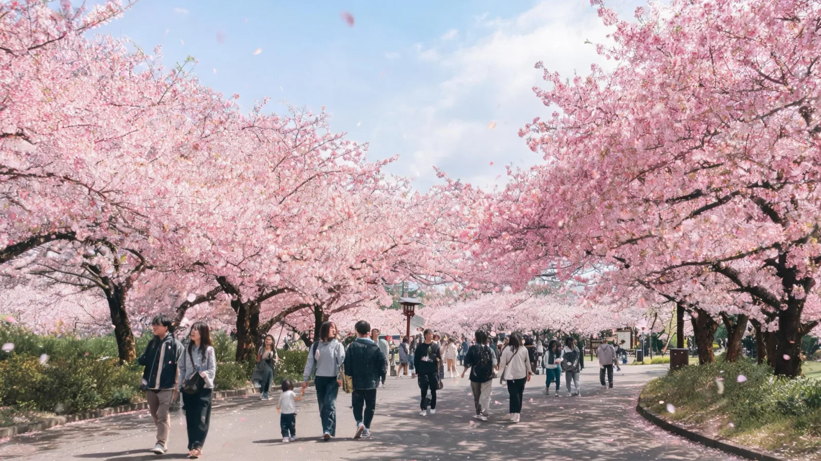 日本櫻花盛開的公園景致