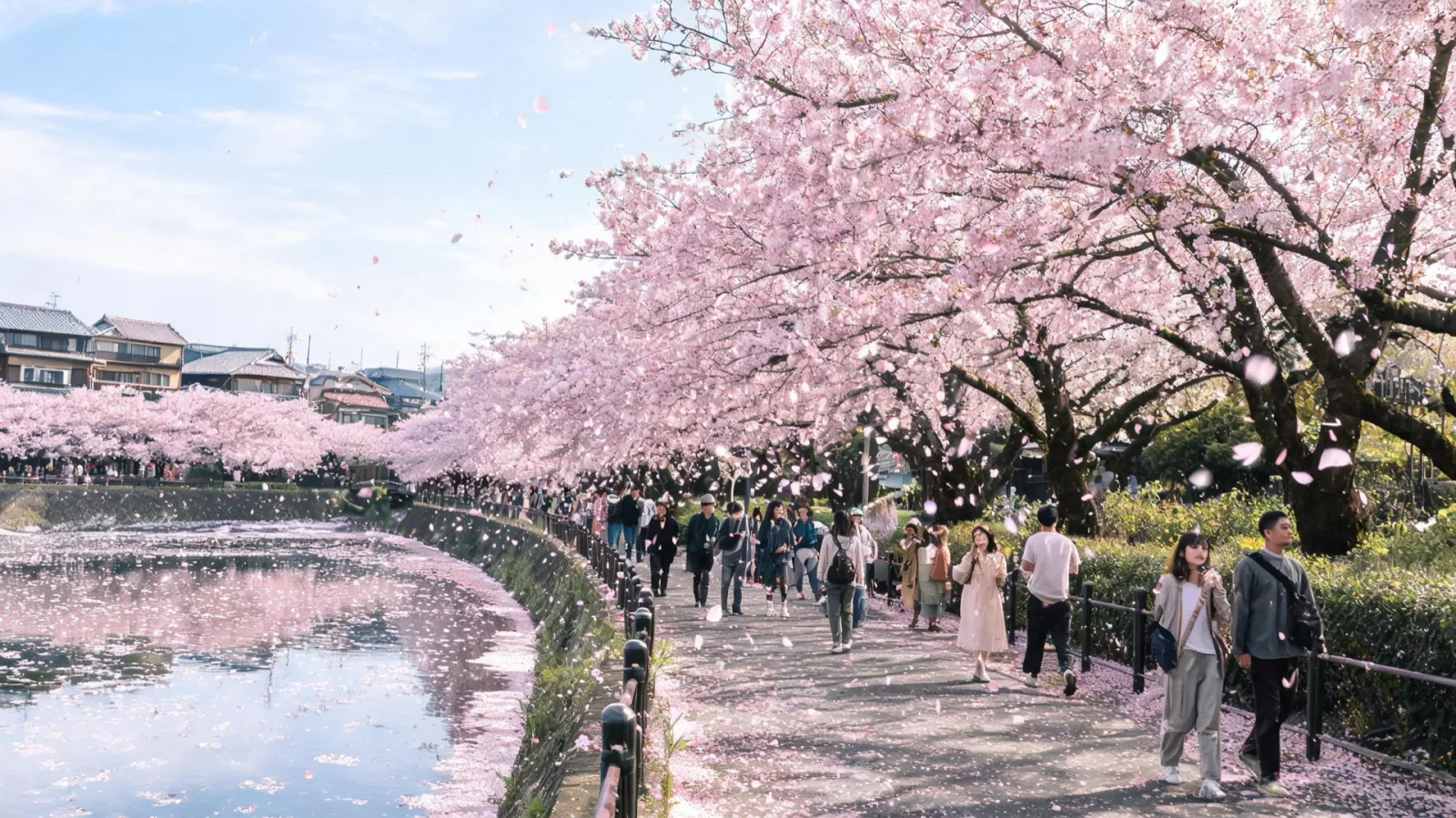 櫻花季節日本河畔散步道