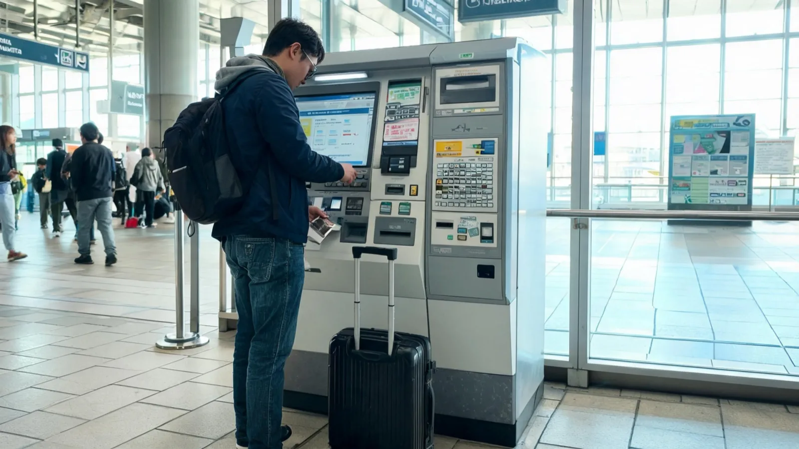A traveler buying a transit card at Narita Airport Station