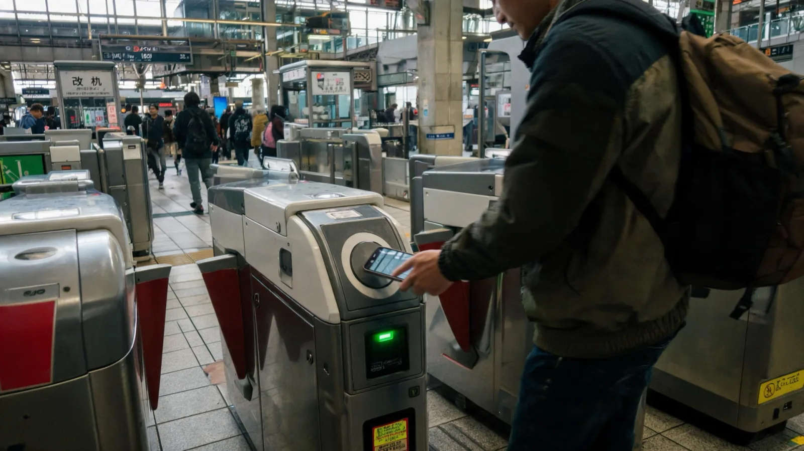 A traveler tagging a transit card with a smartphone at the ticket gate