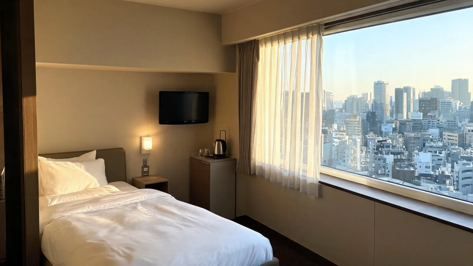 A traveler looking out the window from a business hotel room in Tokyo