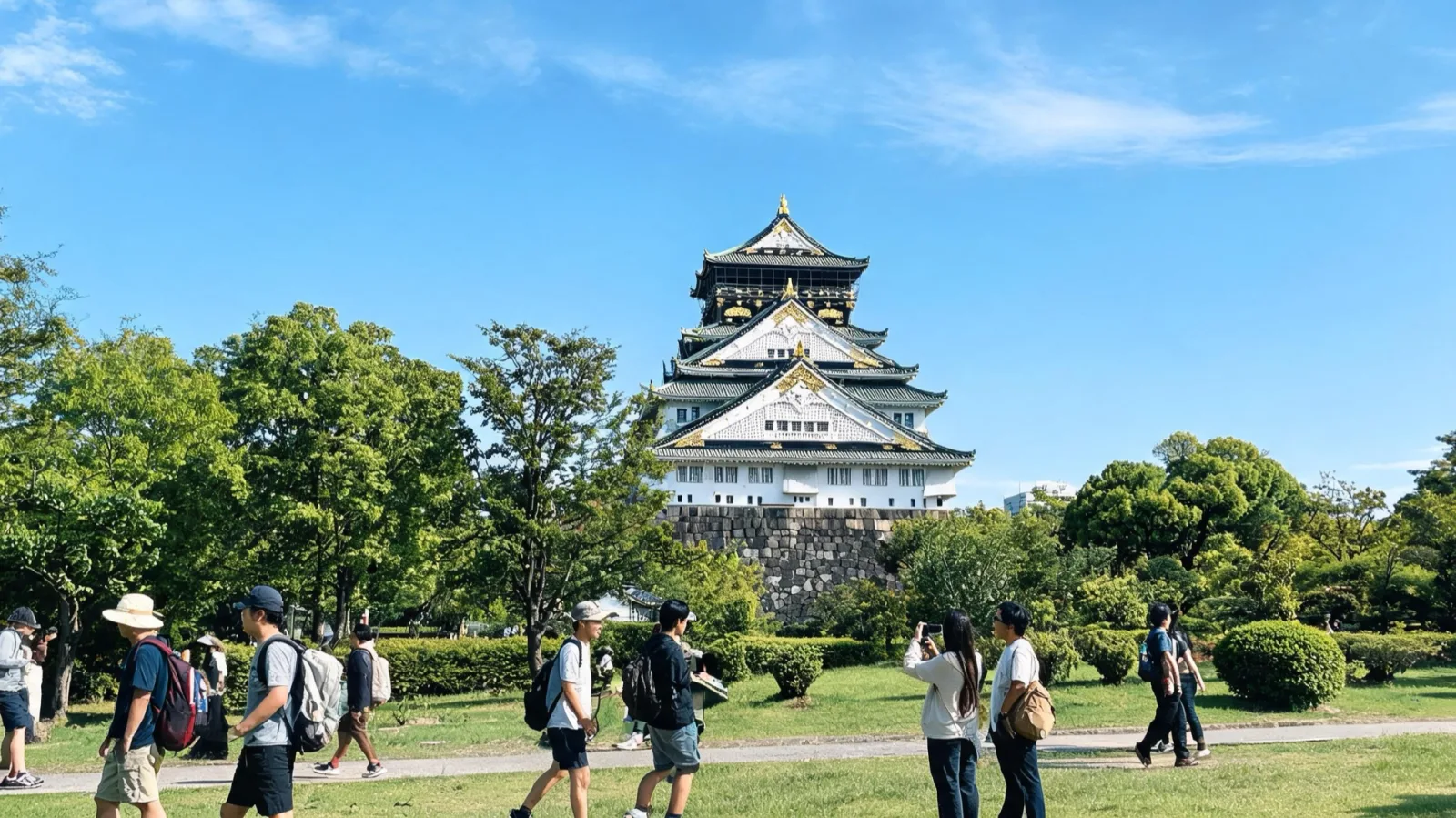 Travelers walking in front of Osaka Castle