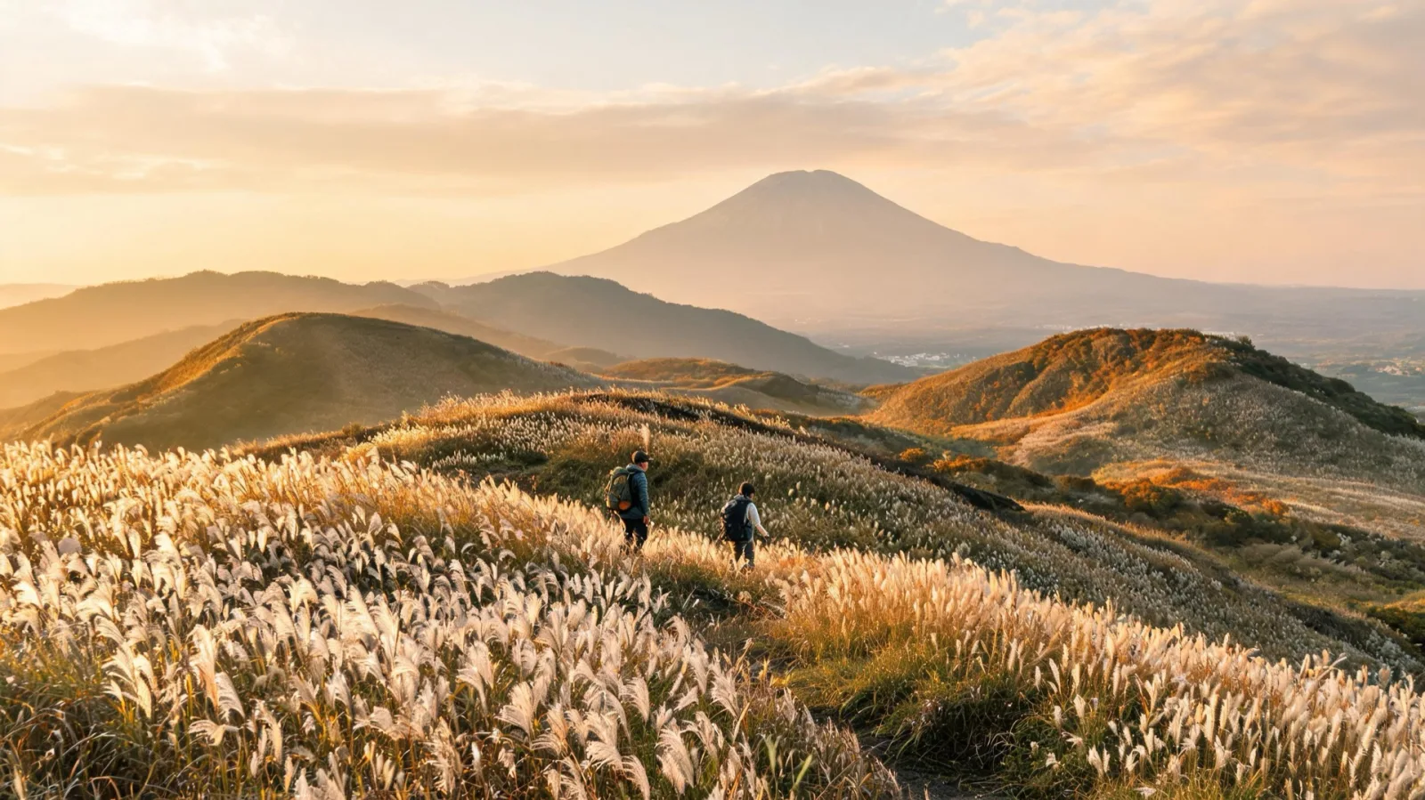 Autumn oreum ridge trekking with swaying silvergrass in Jeju