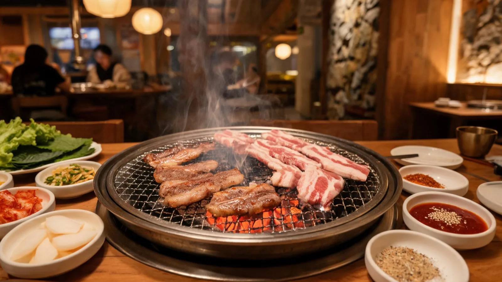 Jeju black pork belly grilling over charcoal