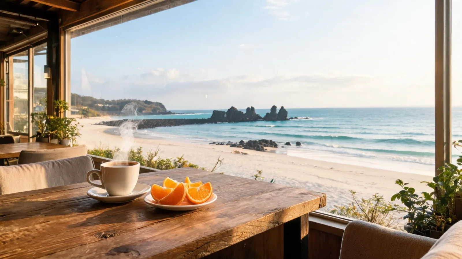 An ocean-view café window overlooking Hyeopjae Beach