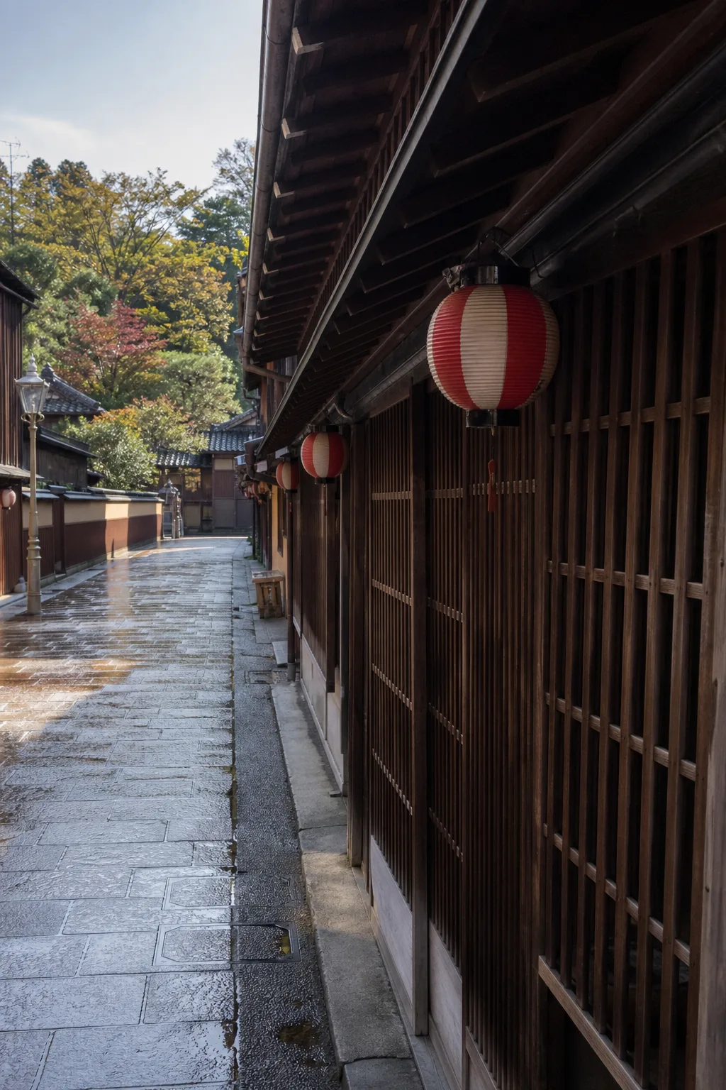 Traditional wooden buildings along a teahouse-district street