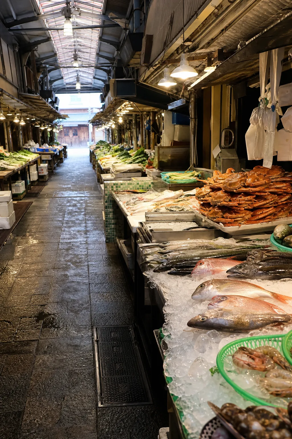 Seafood counters inside a covered market