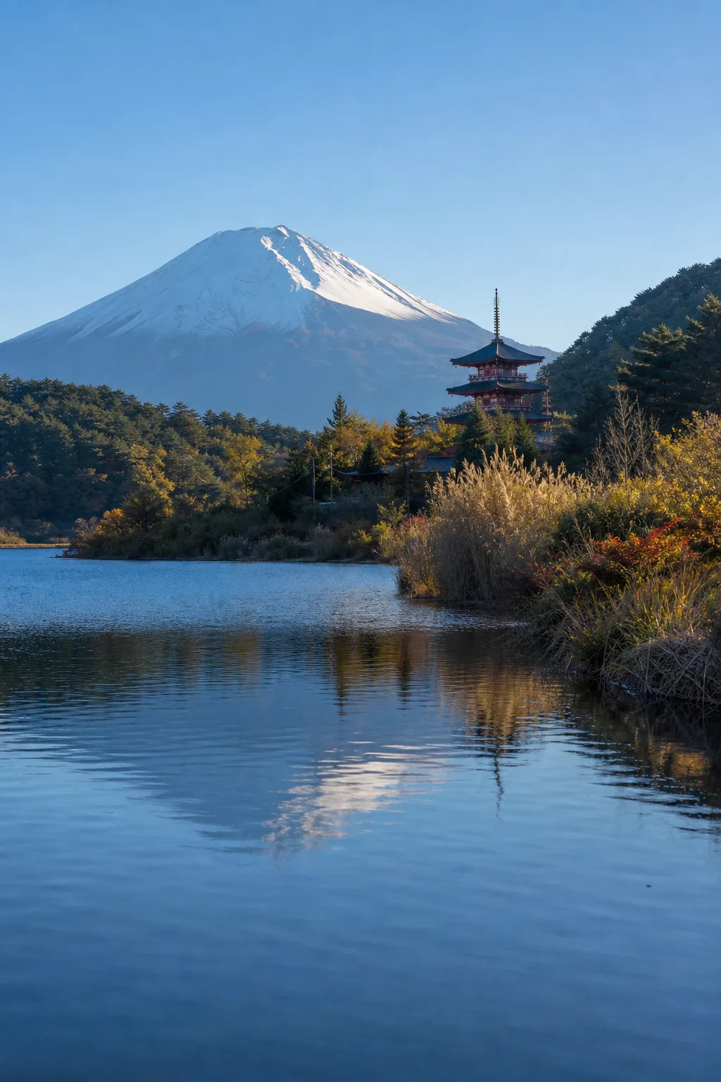 本栖湖面倒映的富士山