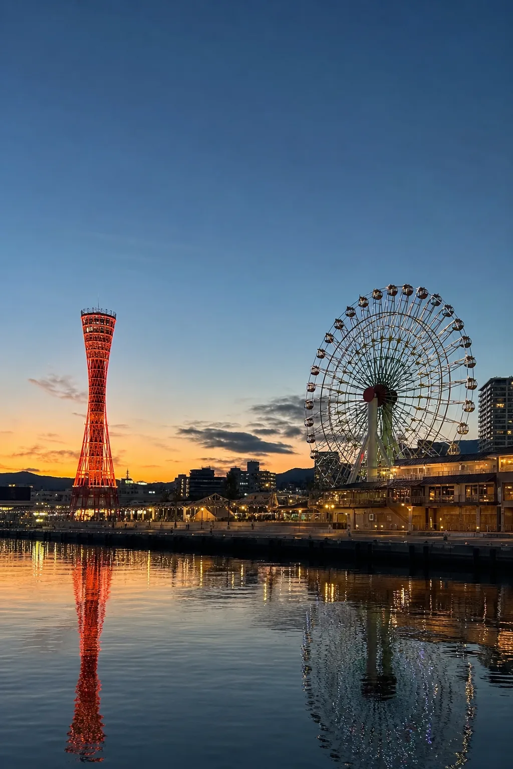 Kobe Harborland waterfront with ferris wheel at dusk
