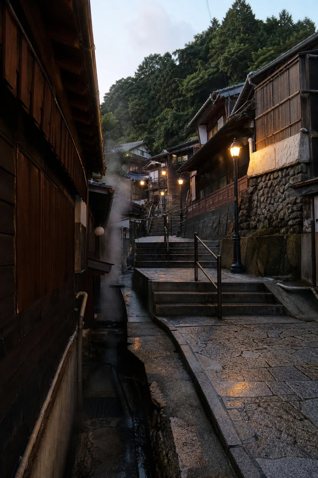 Steam rising from the streets of Arima Onsen town