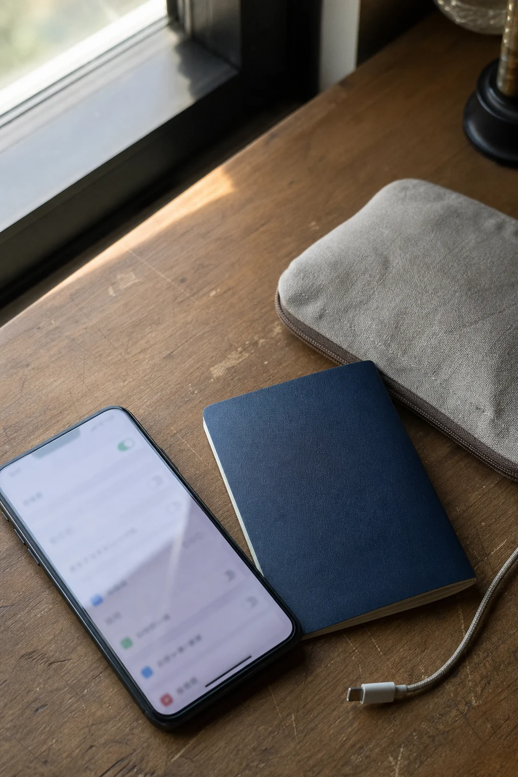 A smartphone, an unmarked passport-shaped booklet, a pouch and a charging cable on a desk before a trip