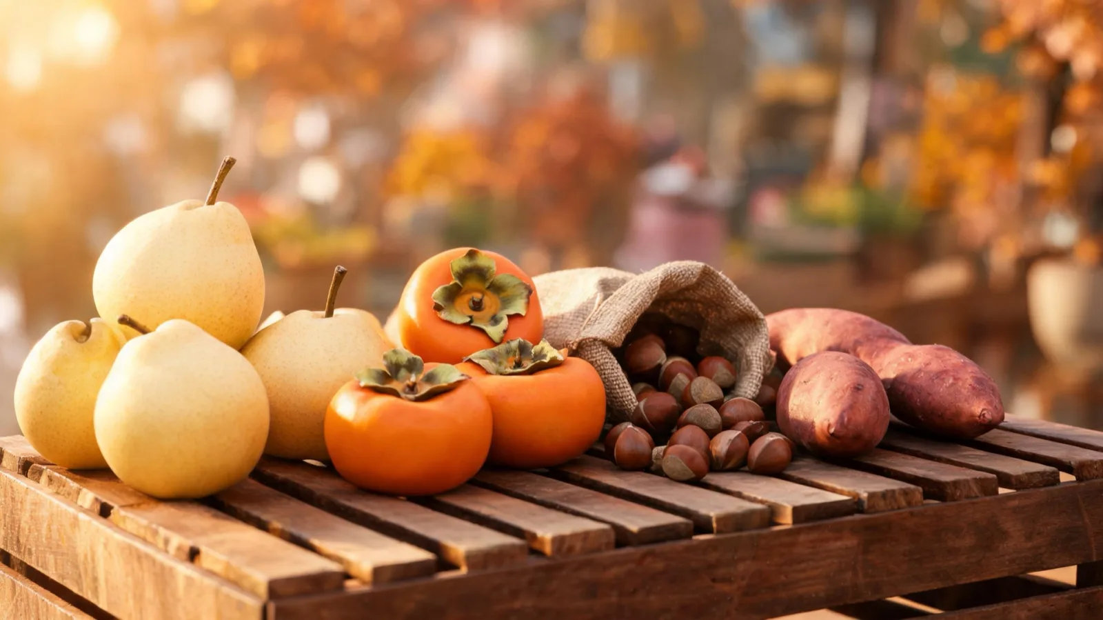 Autumn fruits — pears, persimmons, chestnuts, sweet potatoes