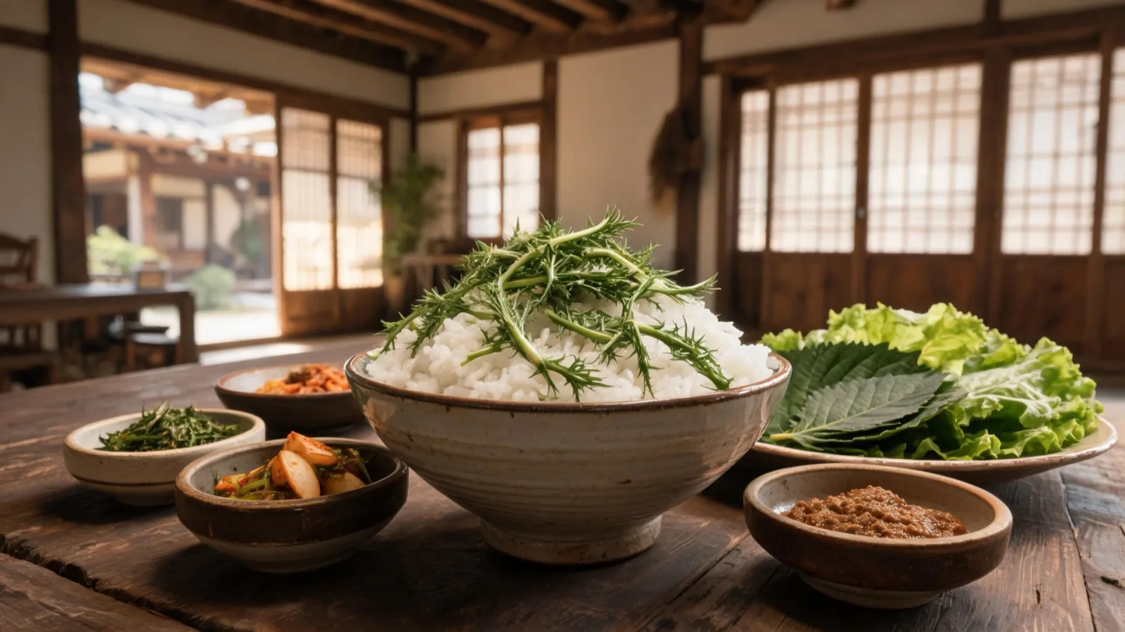 A table of gondre rice and wild-vegetable wraps in a Gangwon mountain village