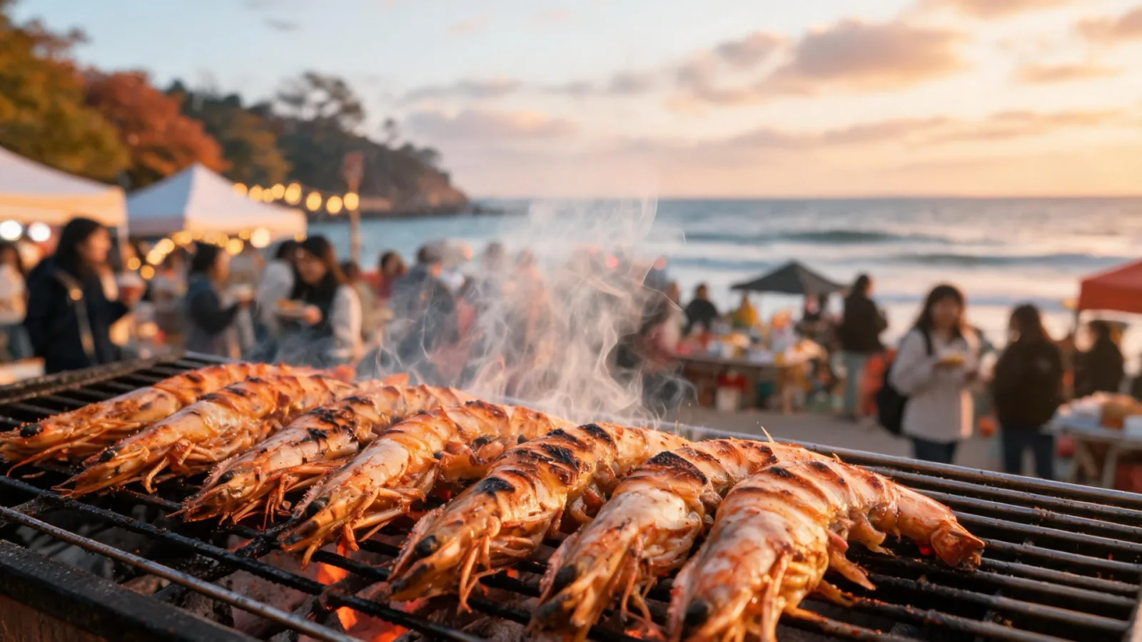 A festival scene with grilled large shrimp and an autumn food table