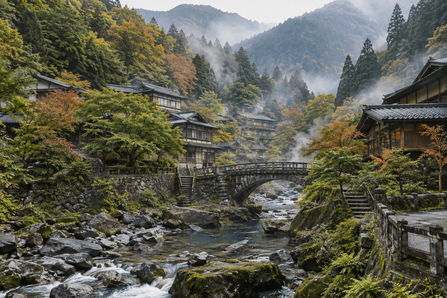 Example scene of a ryokan village lined along a mountain stream