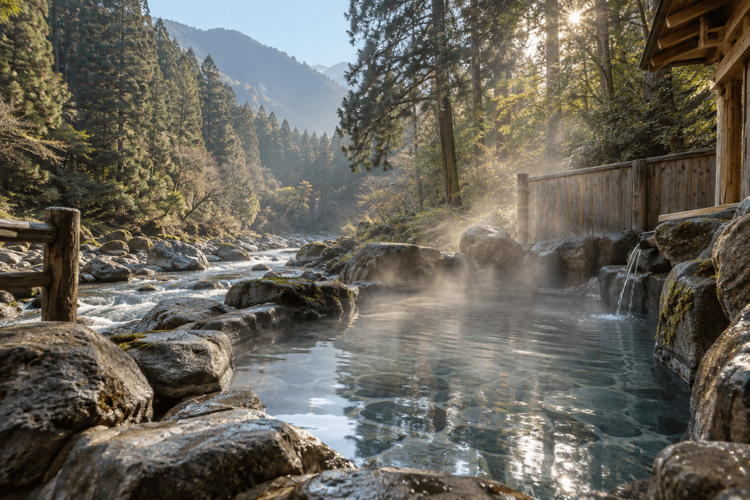 Example scene of an open-air bath built among rocks and cedar trees