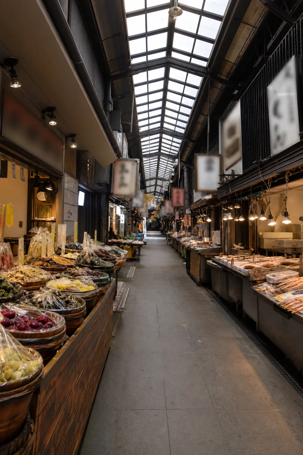 Illustrative view of Nishiki Market; individual shops set their own hours and closing days