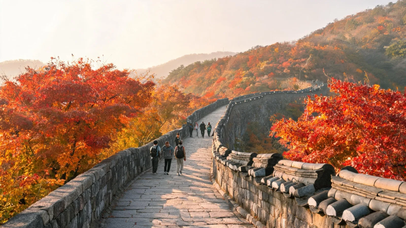 The Namhansanseong fortress walking path dyed in autumn colors, with people strolling