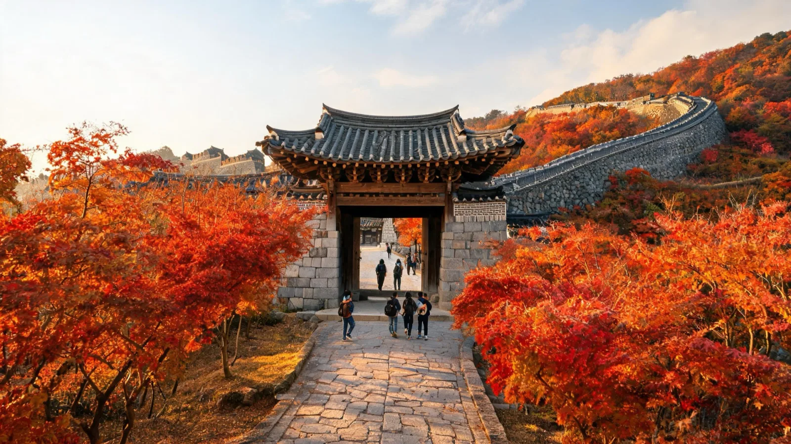 The autumn foliage road leading to the South Gate of Namhansanseong