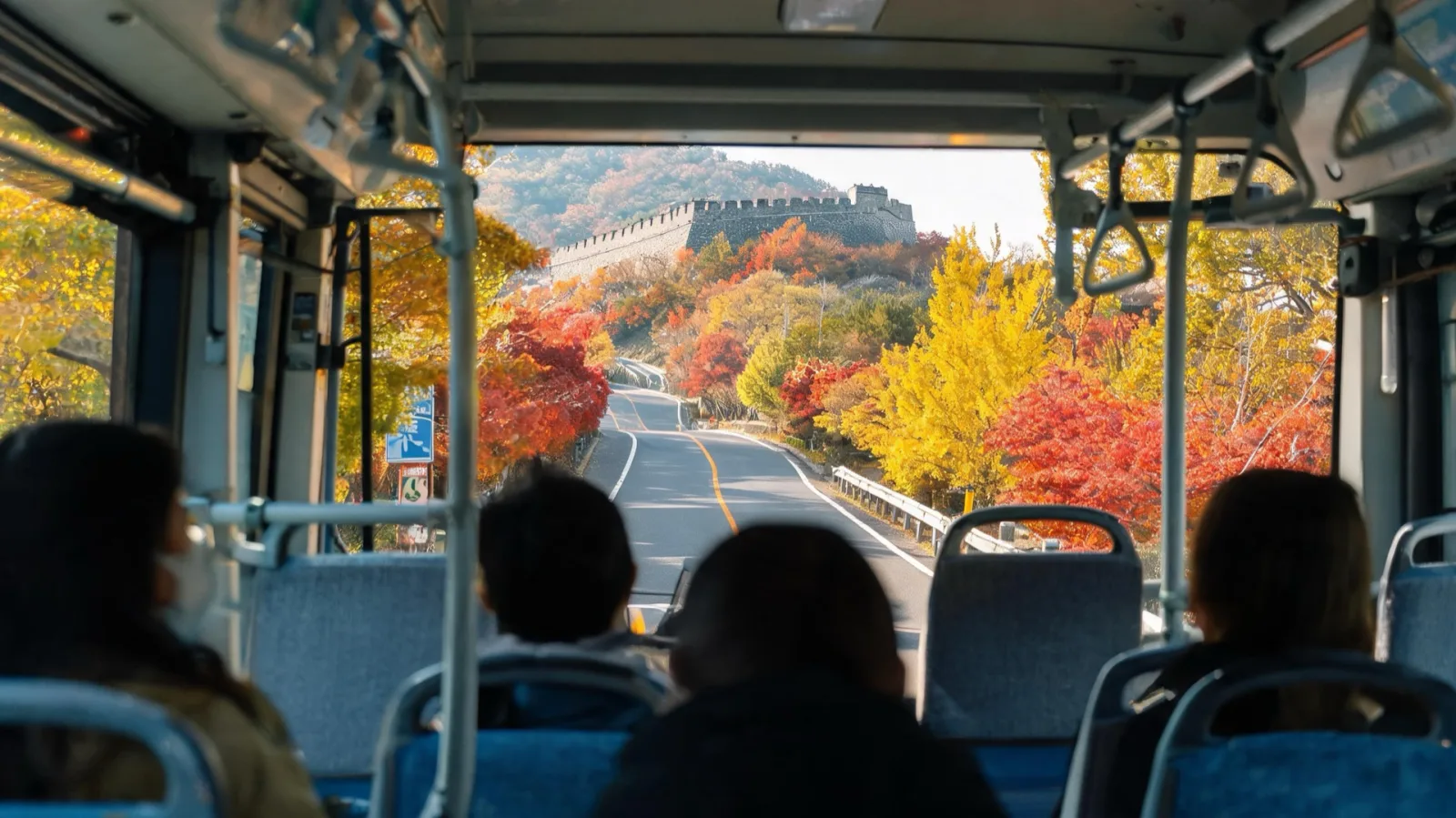 Autumn foliage on the mountain road seen through the bus window on the way to Namhansanseong