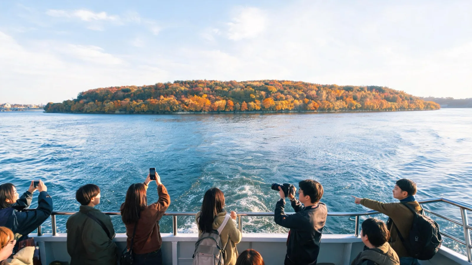 Autumn lake and foliage seen from the boat heading to Nami Island