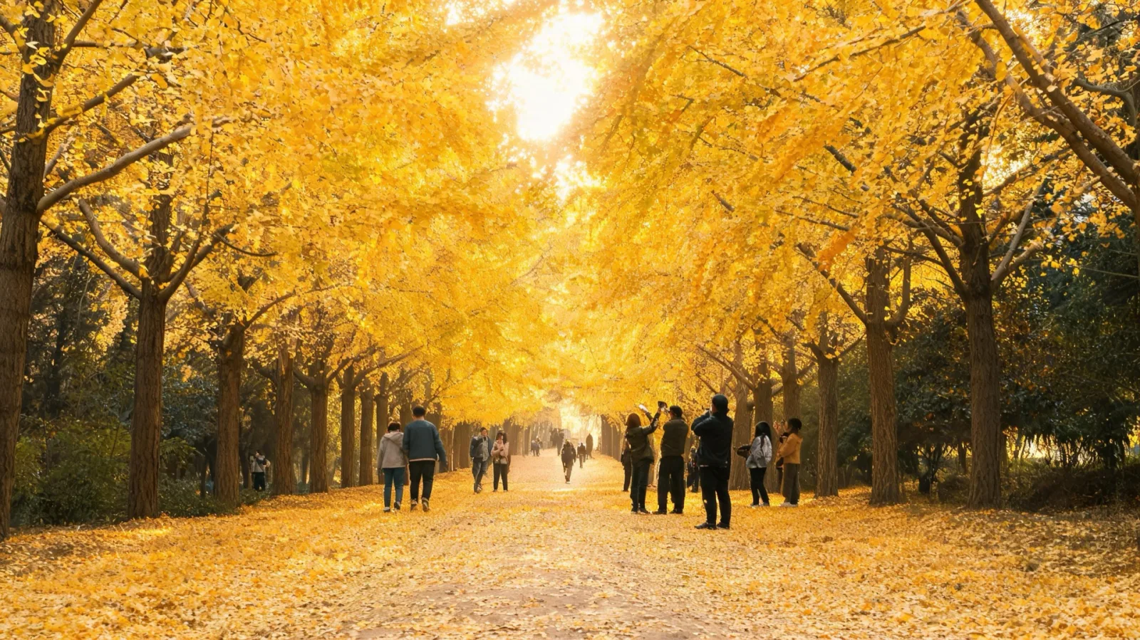 The golden autumn scene of Nami Island's Su-gil ginkgo avenue