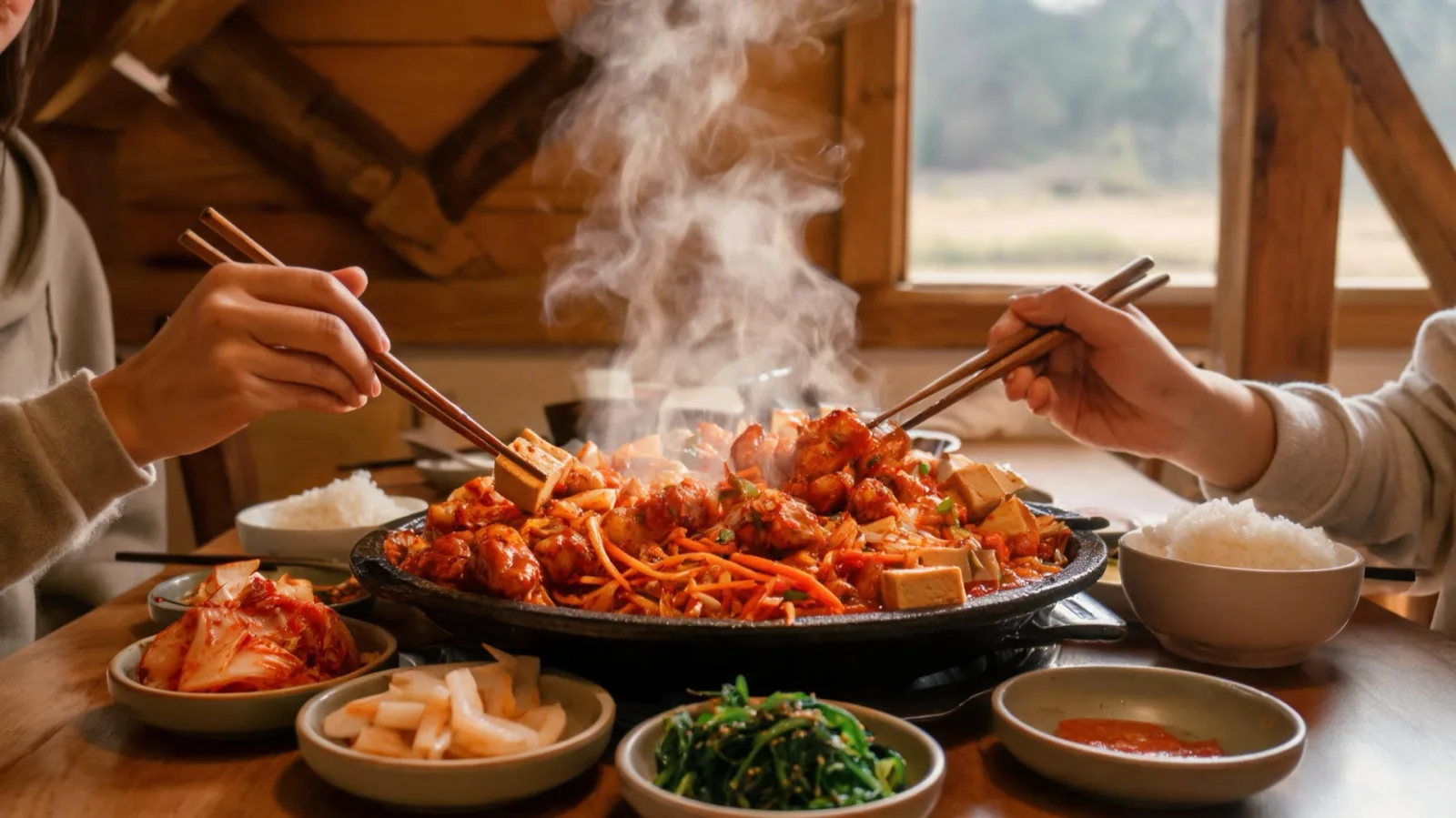 A hearty autumn travel meal of Gapyeong dakgalbi and tofu dishes spread across the table
