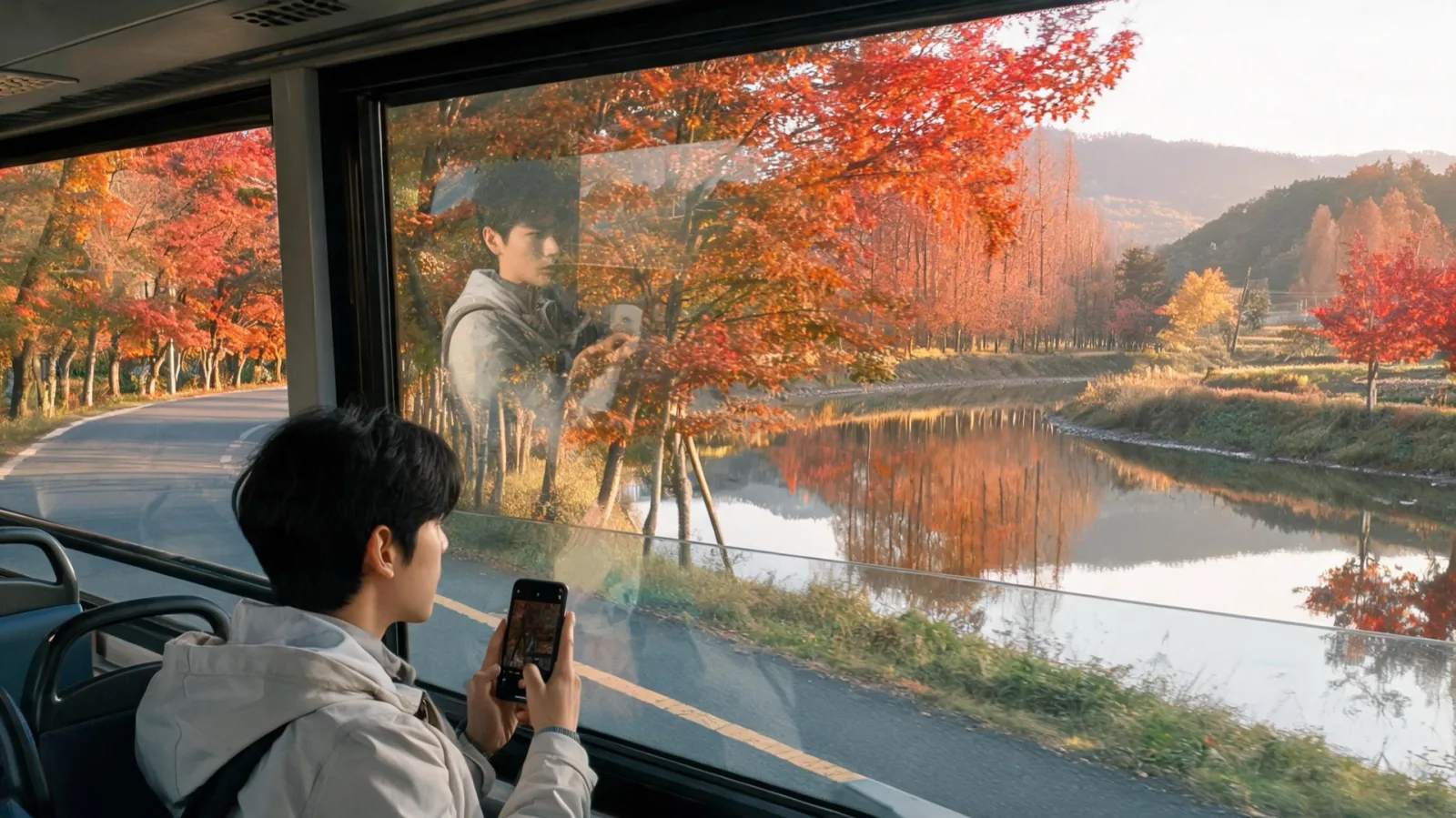 Autumn foliage outside the bus window on the way from Gapyeong Station to Nami Island