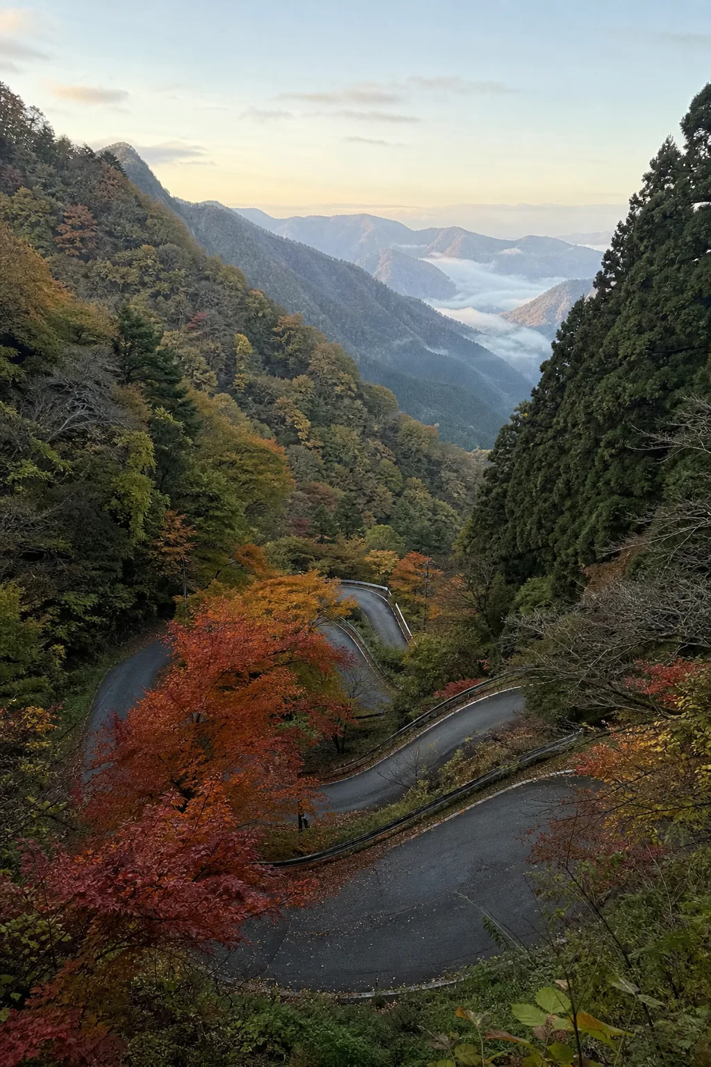 Irohazaka hairpin switchbacks in early autumn colors
