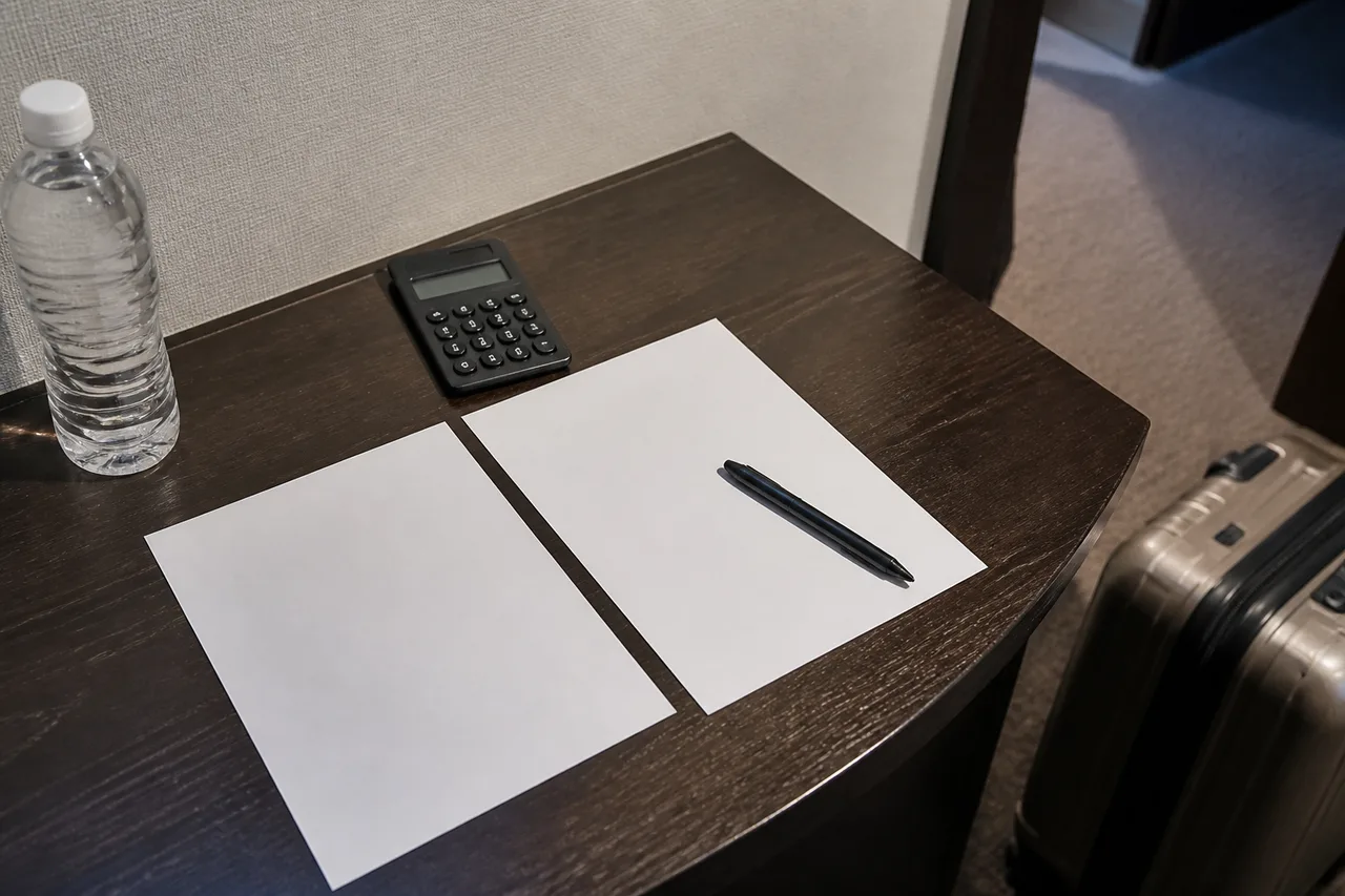 A calculator, blank paper and a pen on a desk beside a suitcase