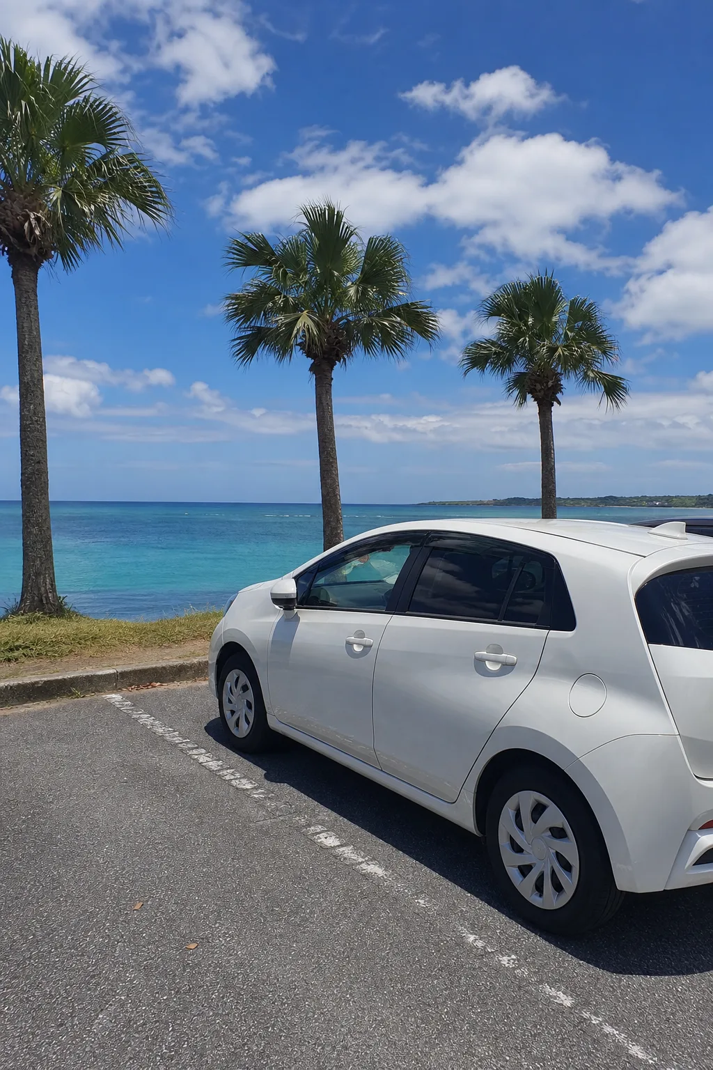 停在海邊停車場的白色租車編輯示意圖