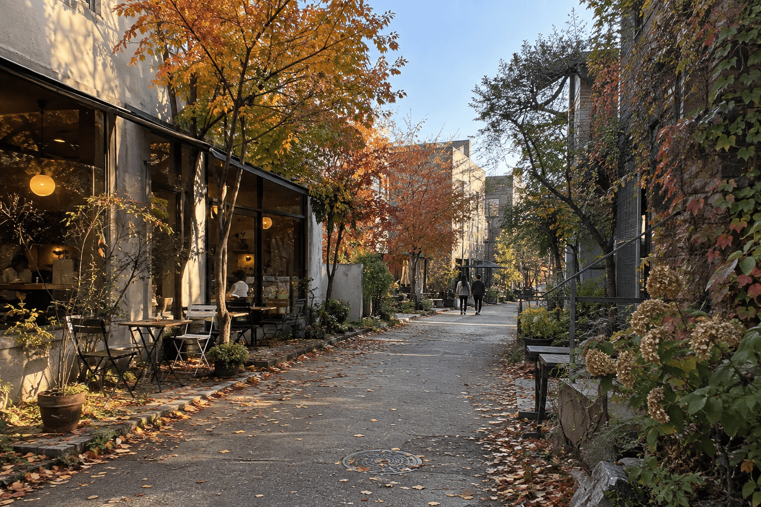 Example of an autumn alley of village cafes in Heyri