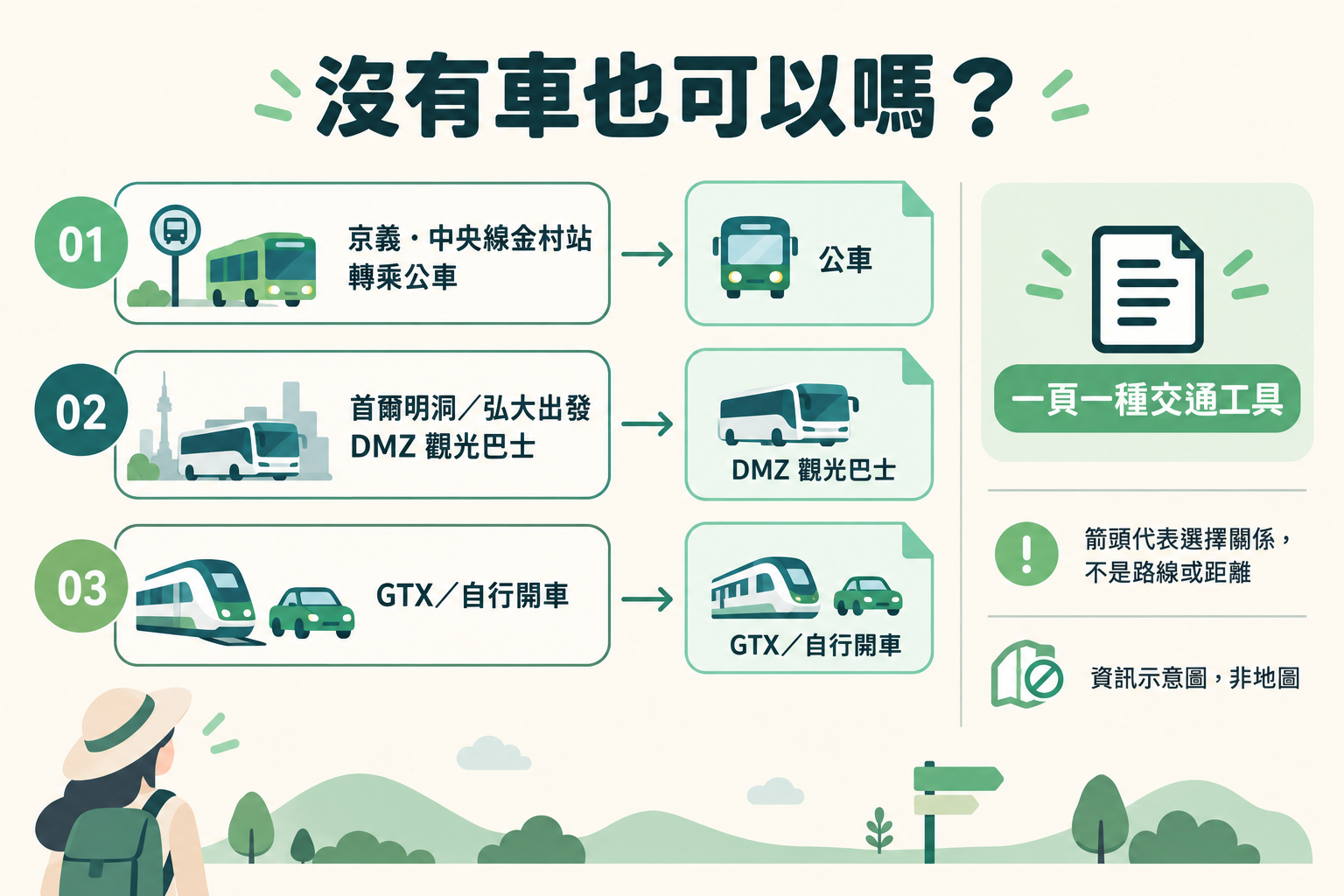 各出發地交通選項與軸配置結構圖解