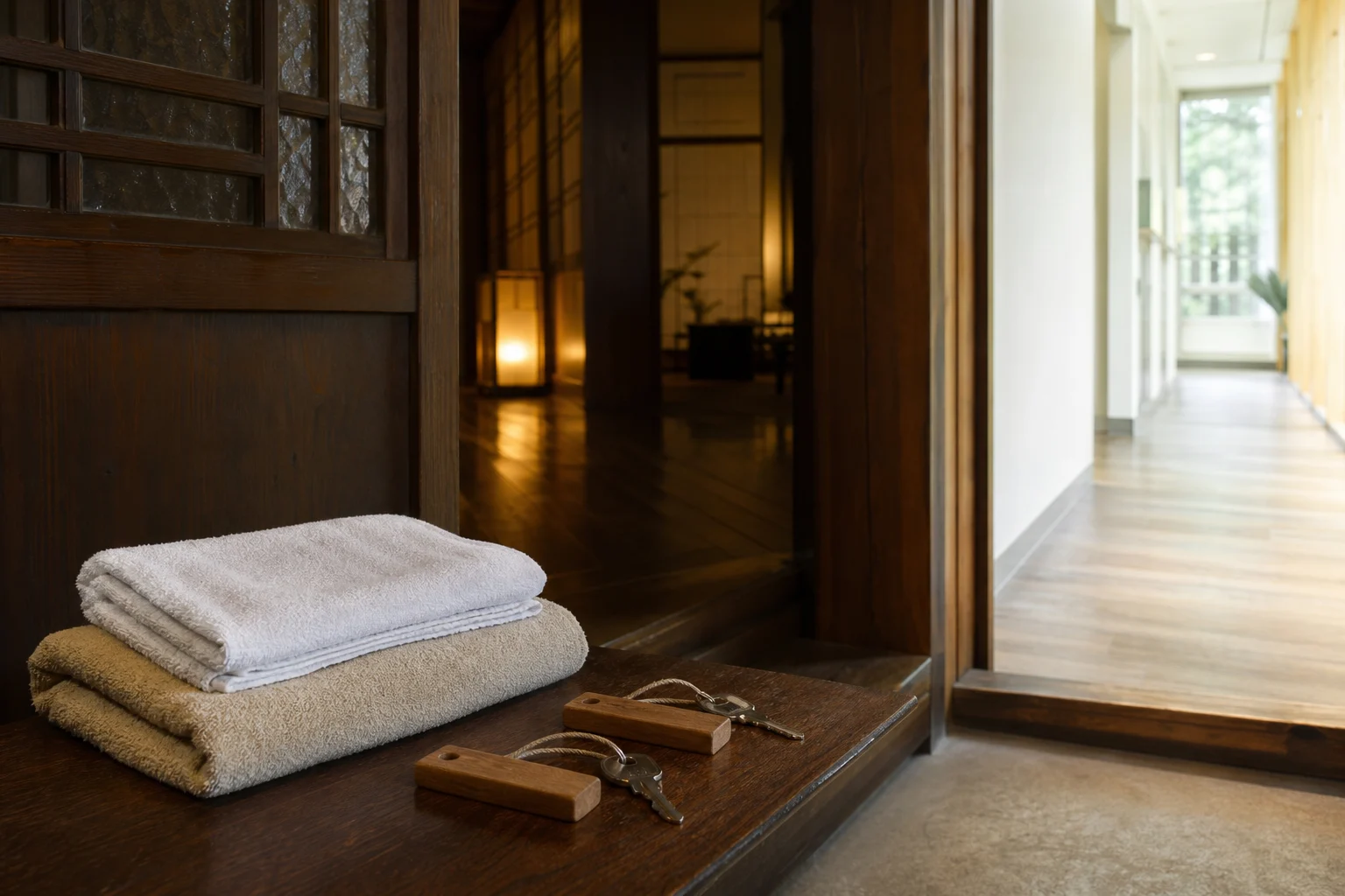 Two wooden room keys and two folded towels beside a corridor threshold