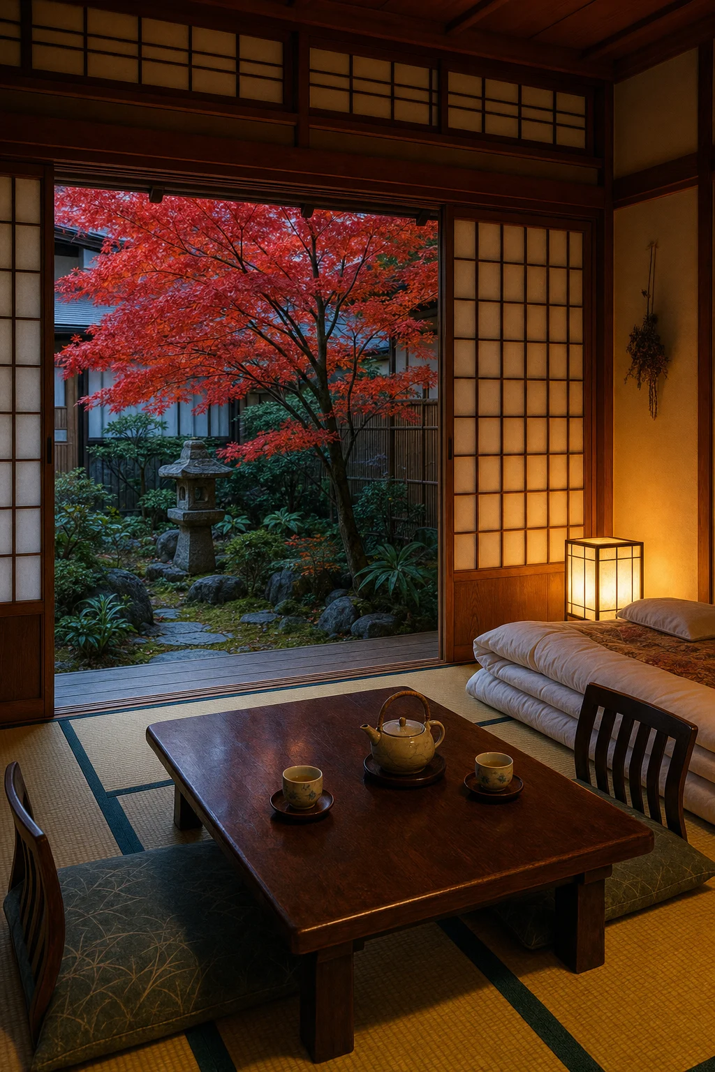 A low futon and tea table in a tatami room overlooking a red maple garden