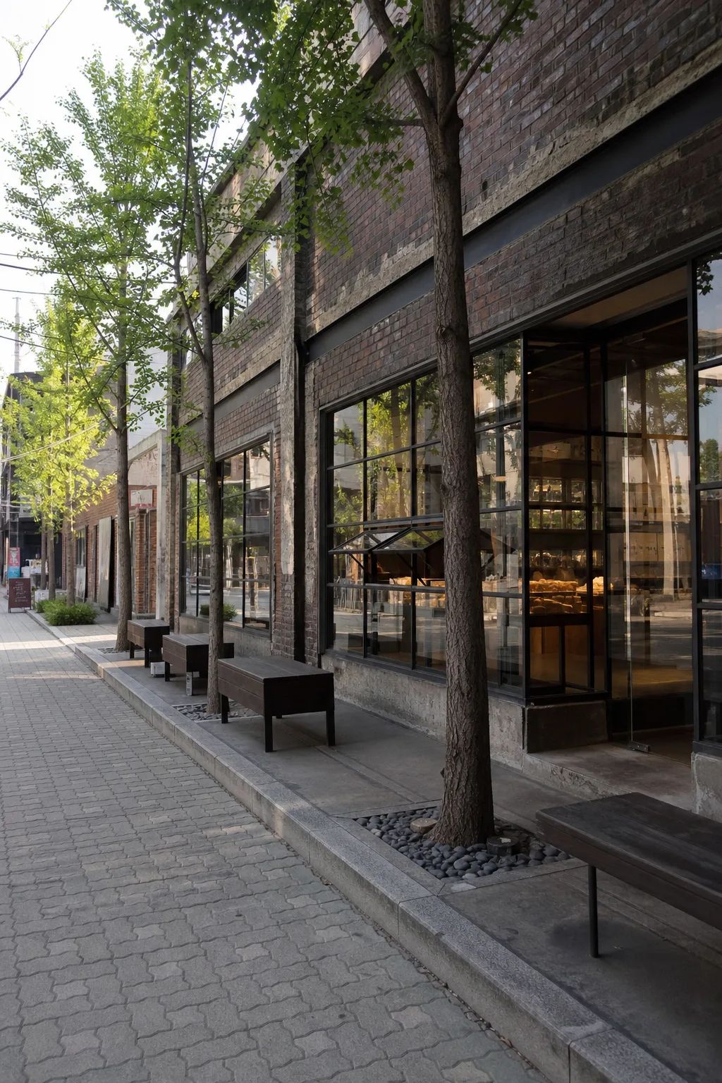 A brick street with cafe-style shopfronts