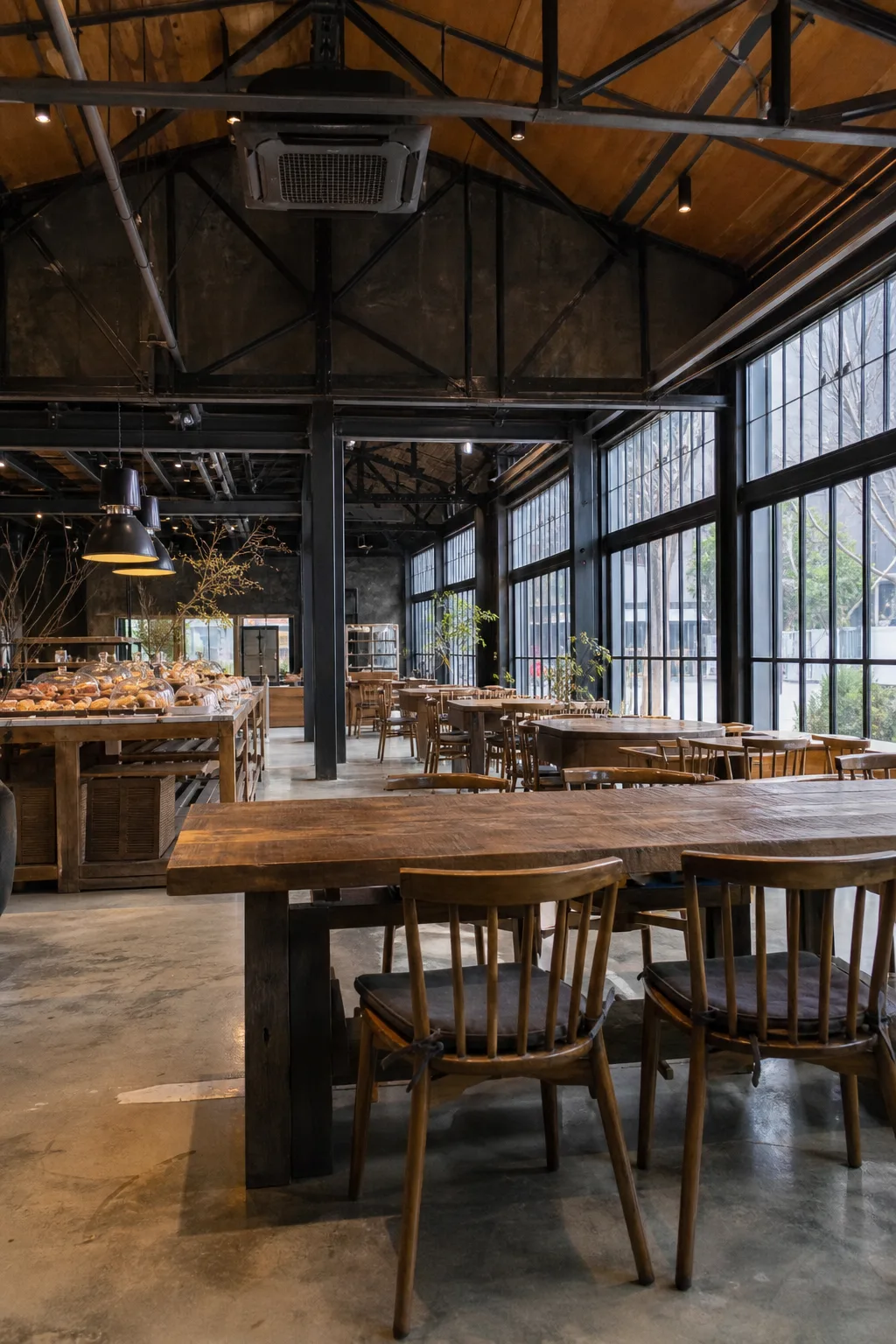An industrial-style cafe interior with wooden tables