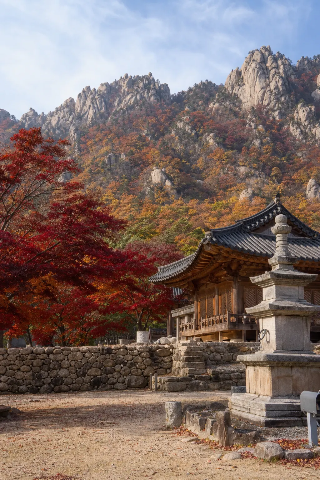 秋季石牆與寺院建築氛圍