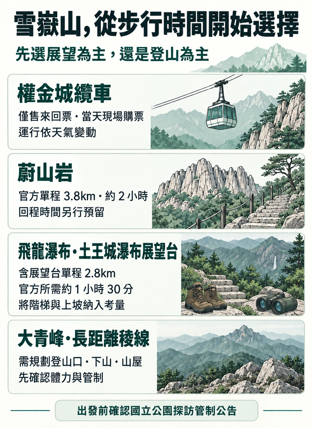 雪嶽山按步行時間選擇路線的繁體中文資訊卡