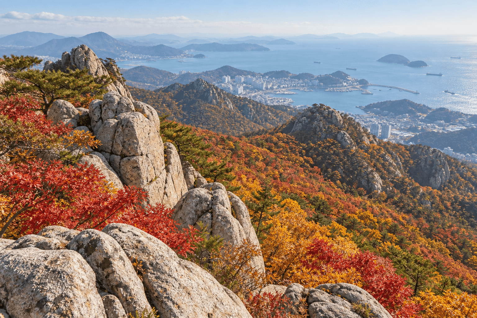 Gwongeumseong ridge and autumn foliage view above the cable car (example)