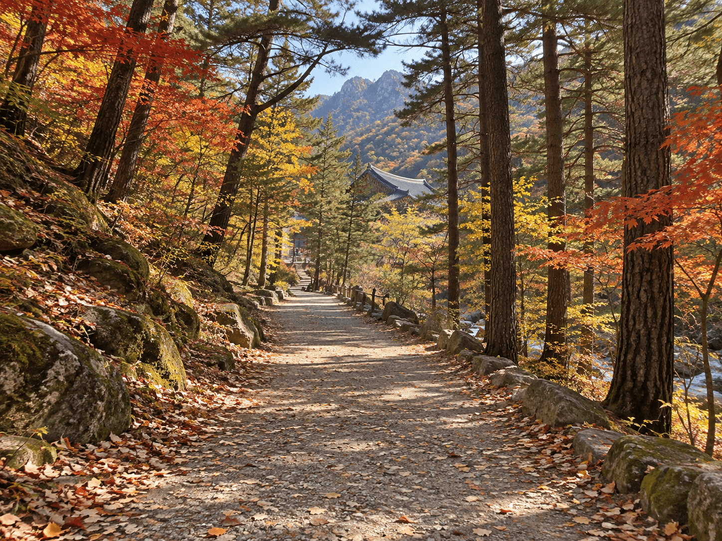 Flat forest-path walk toward Sinheungsa in autumn Seoraksan (example)