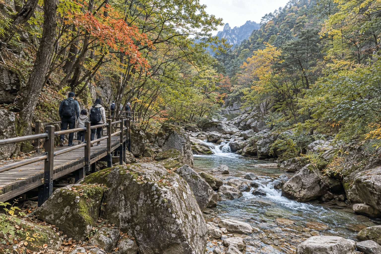 Example image of a family walking a forest valley trail in Seoraksan