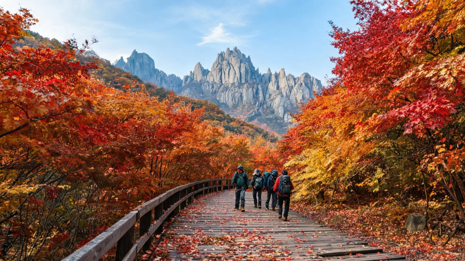 Autumn foliage on Seoraksan and a valley trekking scene
