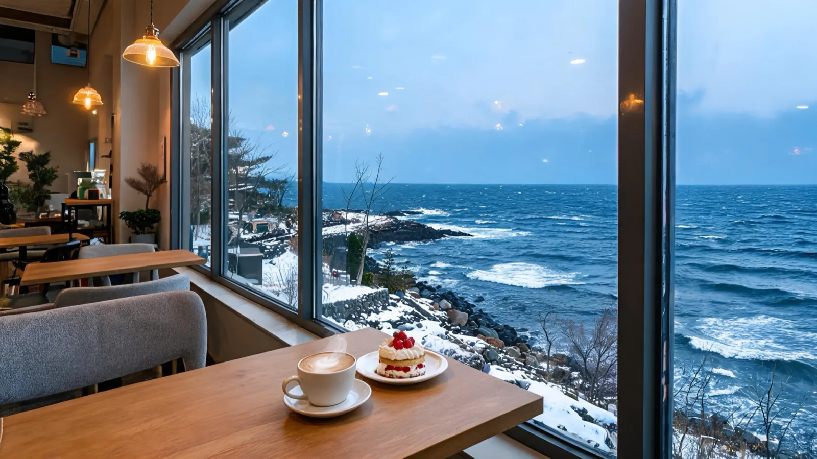The winter East Sea at Sokcho and an ocean-view café scene