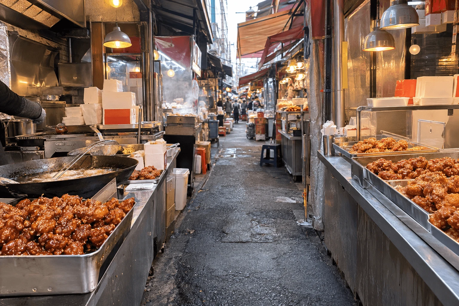 Dakgangjeong stalls in a market food alley