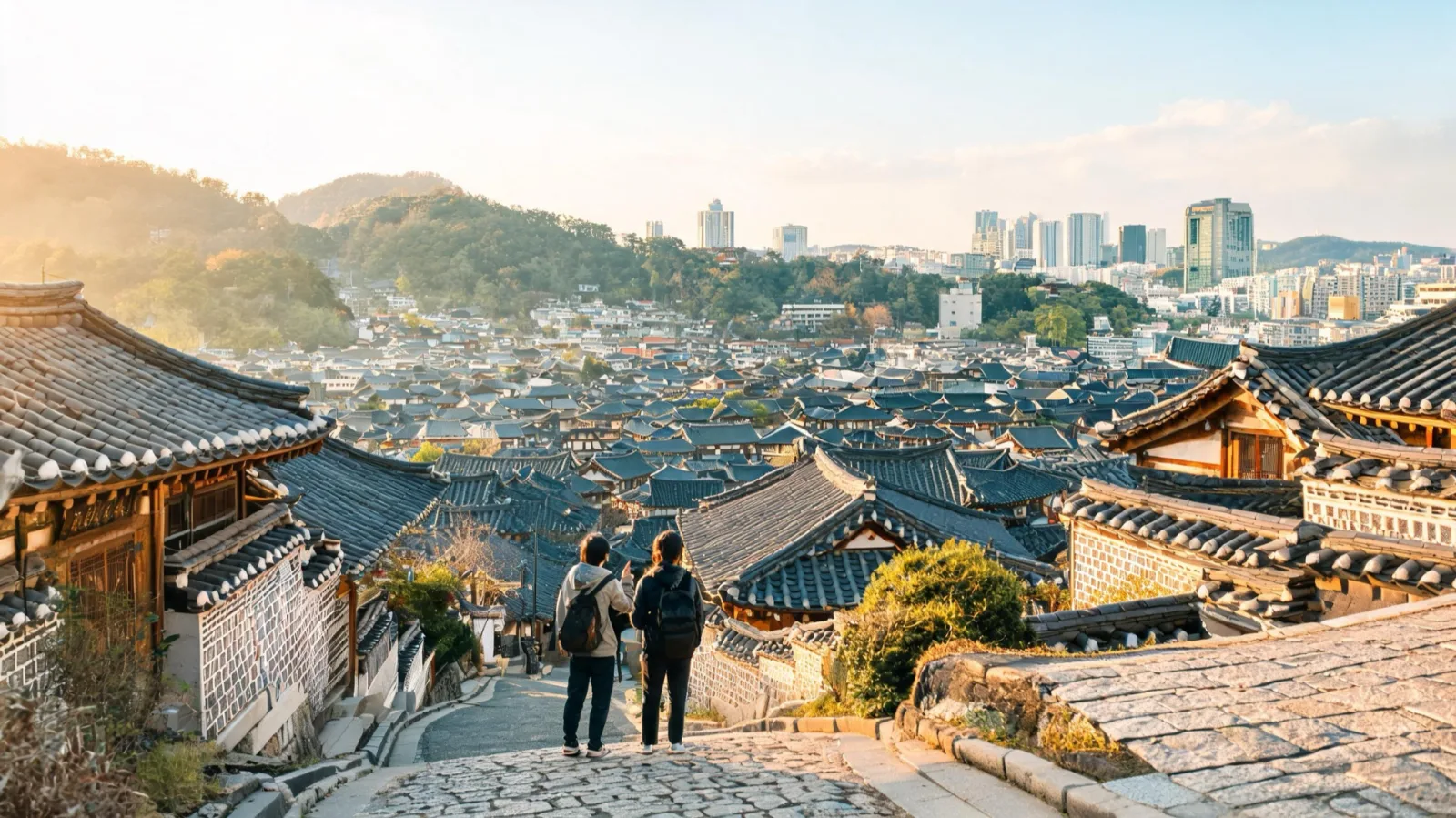 The photo spot overlooking the hanok roofs of Bukchon