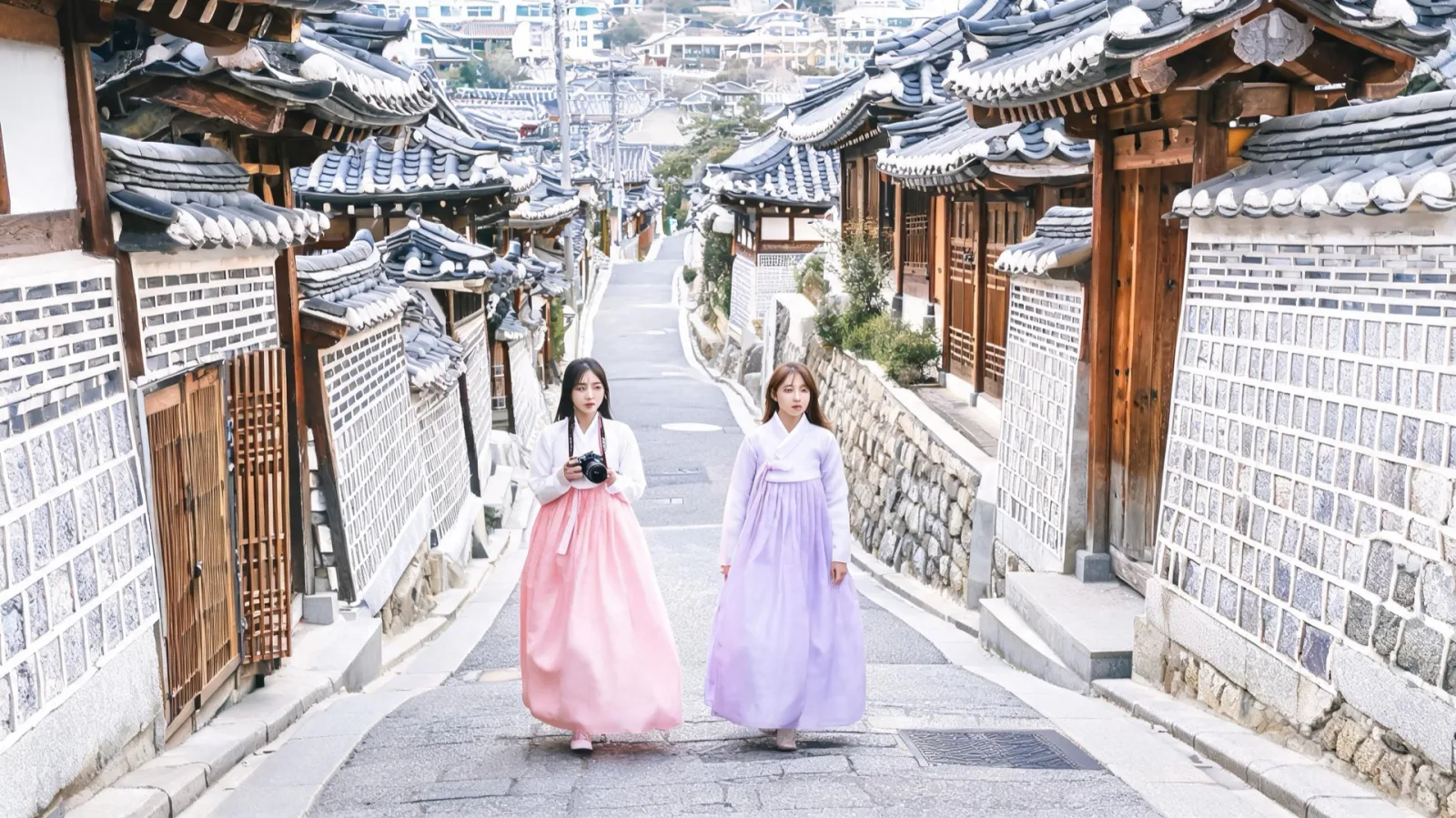 Visitors strolling the Bukchon alleys in hanbok