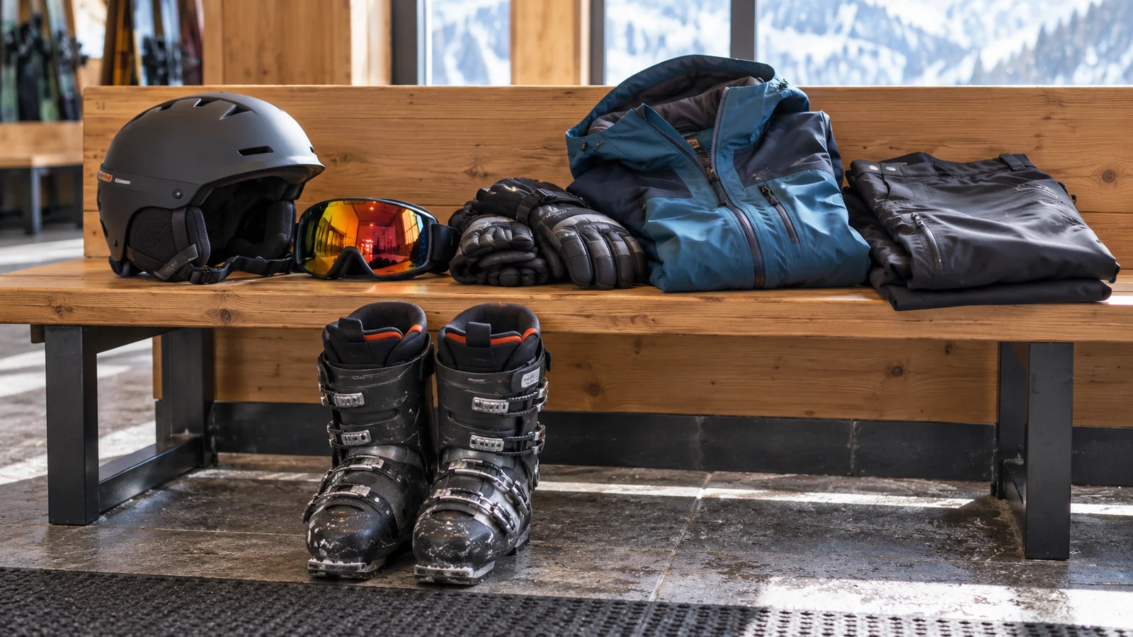 Ski boots, helmet, goggles, gloves and outerwear arranged separately on a rental bench