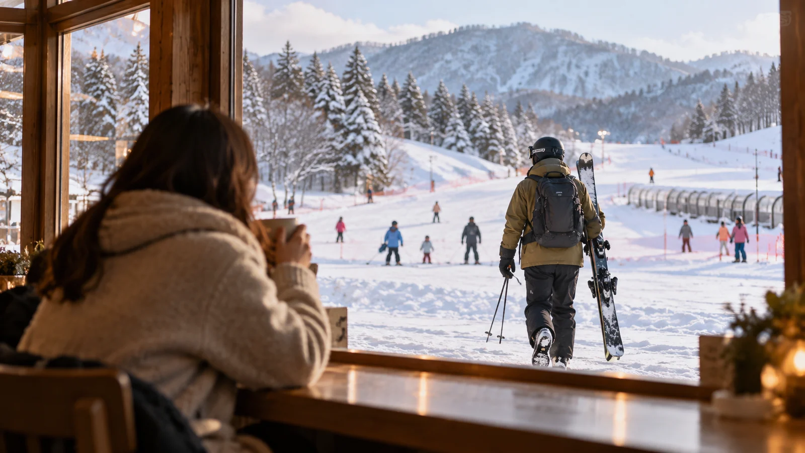 A companion with a warm drink sits inside while a skier carrying skis heads toward the snow