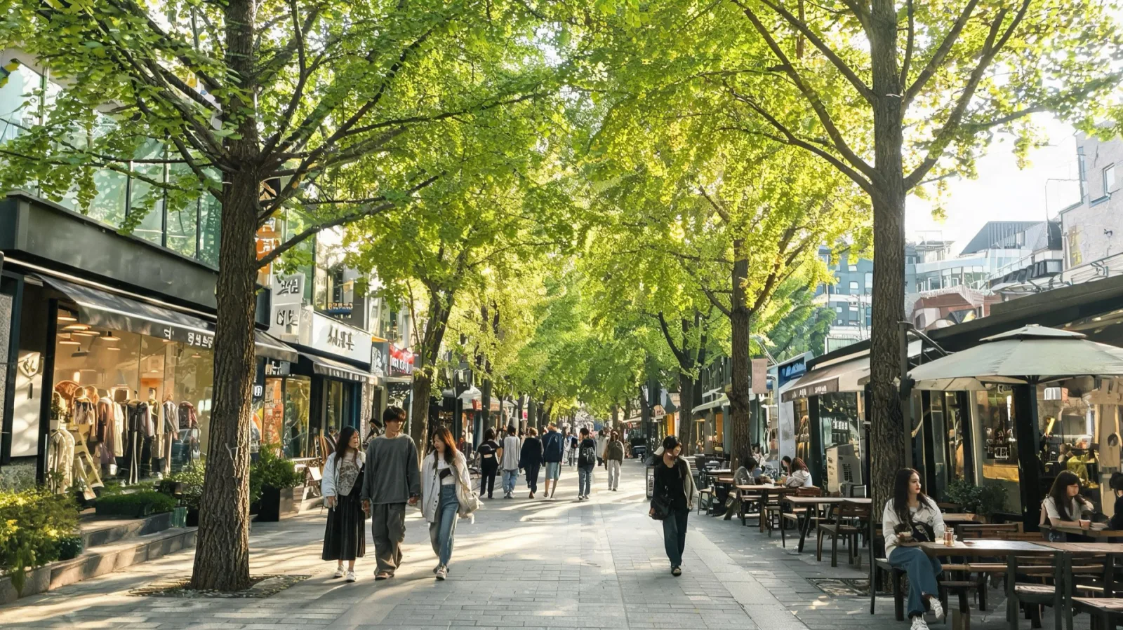 樹木成列的購物街與小店門面